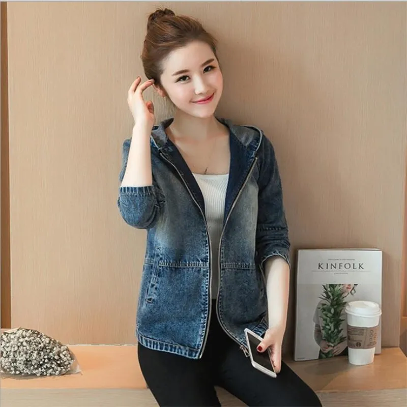 Женская джинсовая куртка с капюшоном повседневная облегающая ковбойская