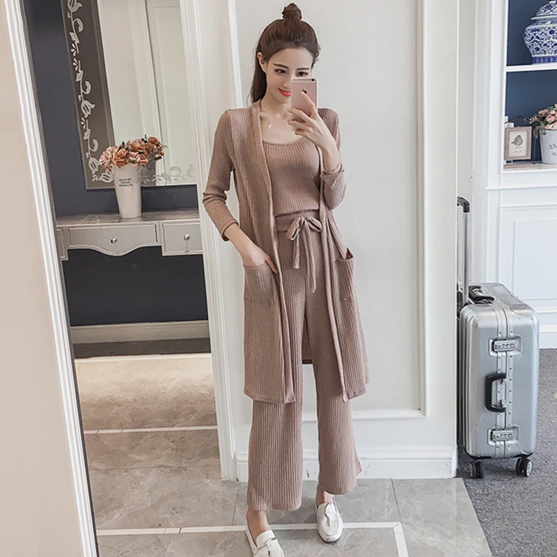 New Spring Summer Three pieces Set Women's Long sleeved Cardigan + Knitted Camisole Wide Leg pants Female Suit Clothing CY276 | Женская