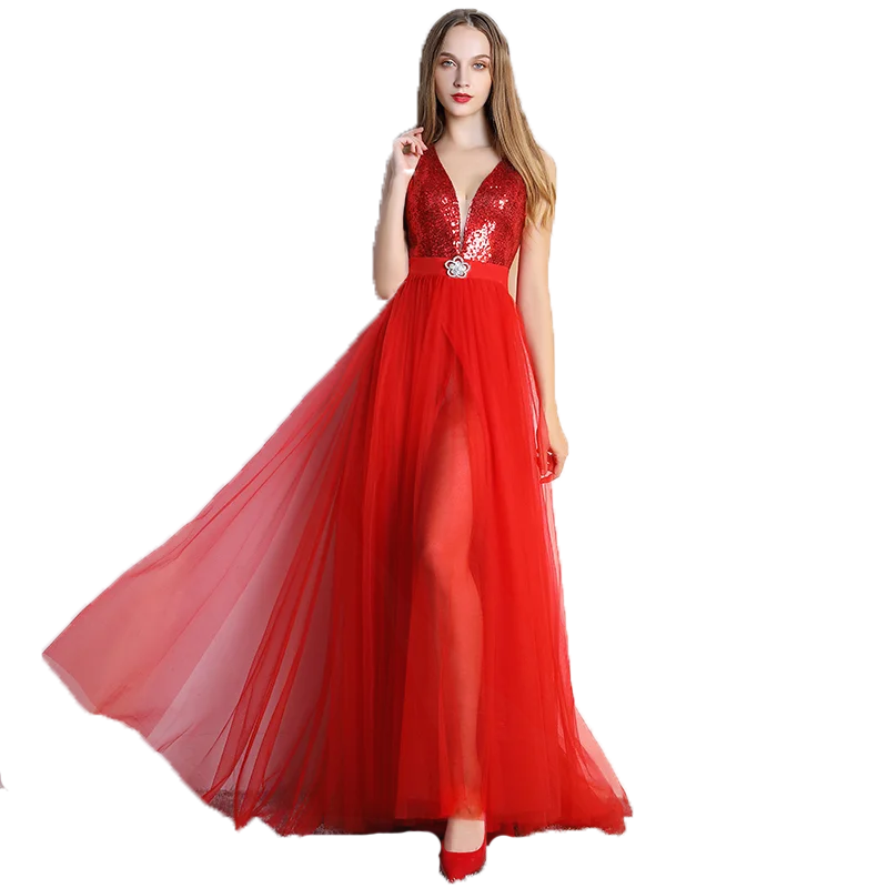 Женское вечернее платье с глубоким v образным вырезом и открытой спиной модель