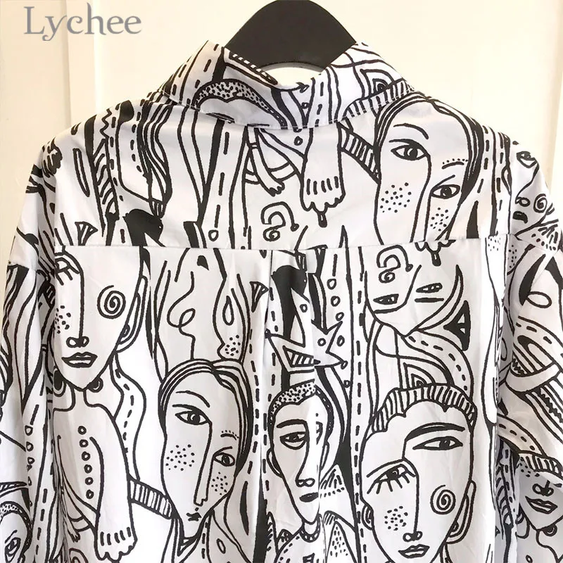 Lychee Harajuku, Женская мультяшная блуза с принтом головы, длинный рукав, отложной воротник, рисунок лица, рубашки, Повседневная Свободная блузка, топы для женщин