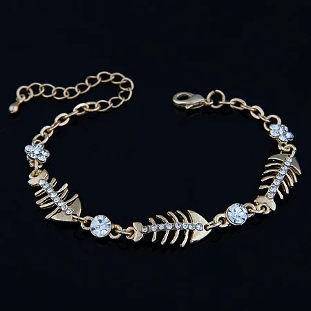 LEMOER Gold Silver Color Crystal Rhinestone Fish Bone Flower Bracelet Chain Link initial charm bracelets Jewelry pulseiras | Украшения и