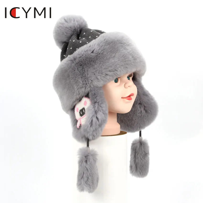 ICYMI Winter Real Full Pelt Rex Rabbit Fur Bomber Hats Children Kids boys girls warm fur Bomber Cap Cute Earmuff Hats Caps