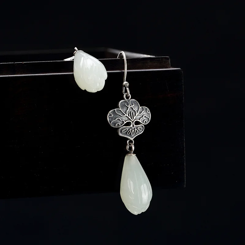 Серьги-подвески из серебра S925 пробы с инкрустированными натуральными