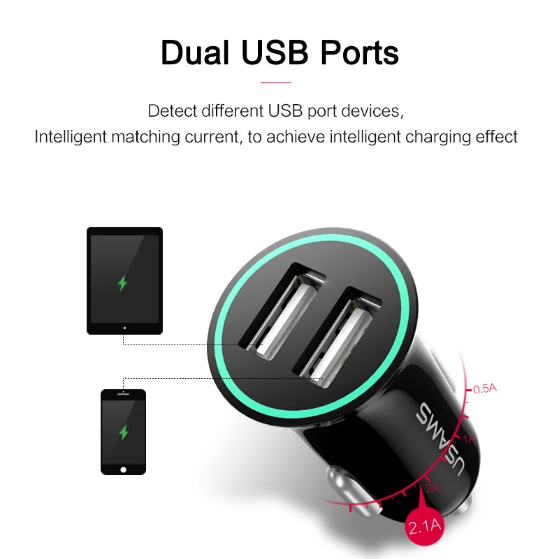USAMS USB Автомобильное зарядное устройство для телефона Зажигалка двойной порт