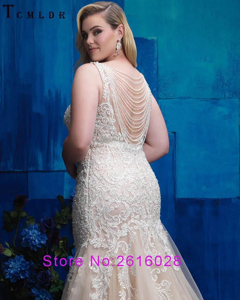 Tcmldr 2017 New Design Plus Size Wedding Dresses Long Mermaid Gowns Sexy Deep V-neck Crystal Beaded Backless Bridal Gown | Свадьбы и