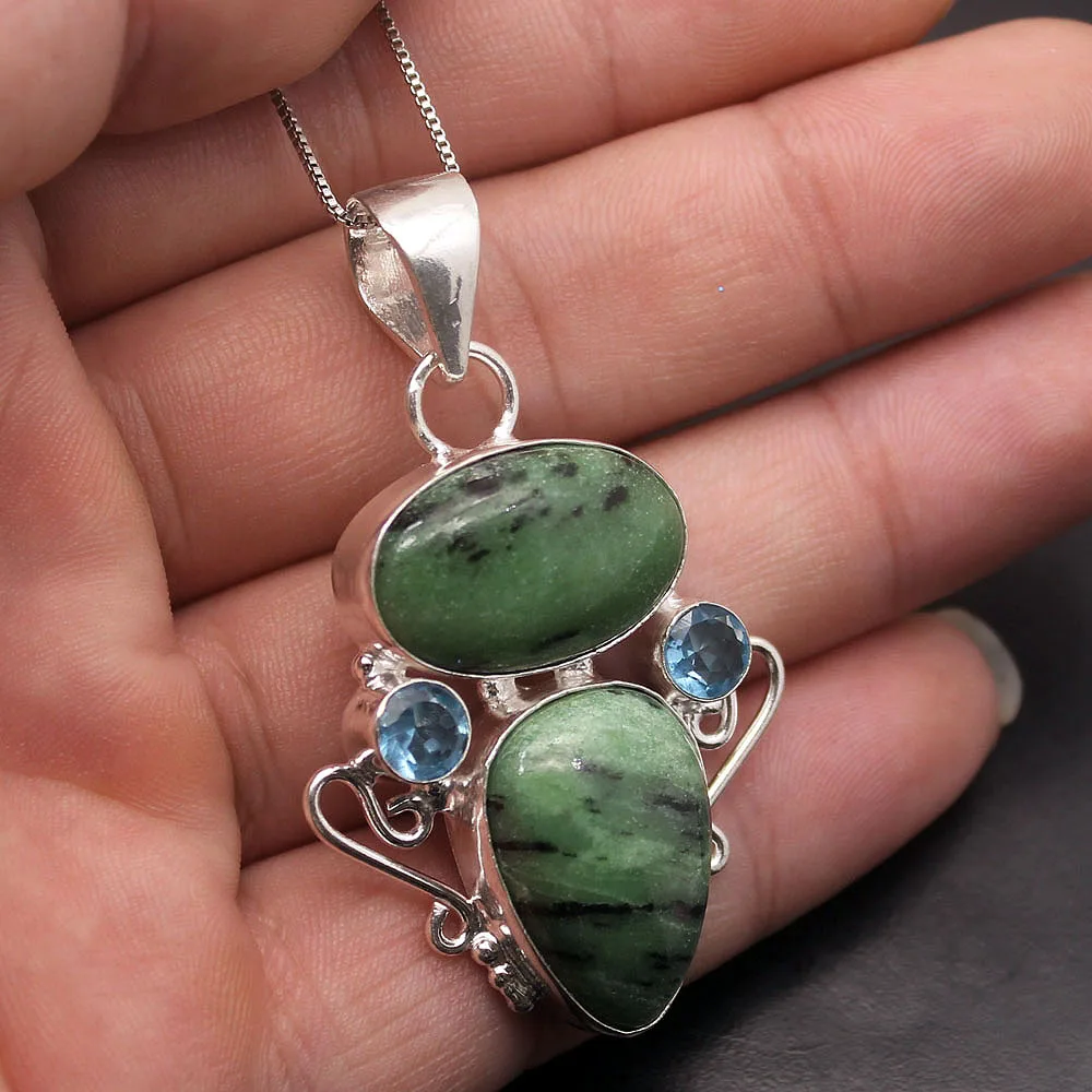 Фото Hermosa великолепное натуральное зеленое обсидиановое ожерелье с кулоном BlueTopaz очаровательные подарки 2 1/4 дюйма A533 №2