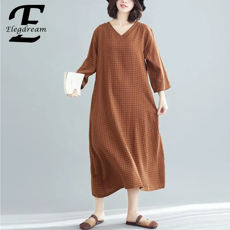 Elegdream Брендовое женское клетчатое летнее платье больших размеров женская