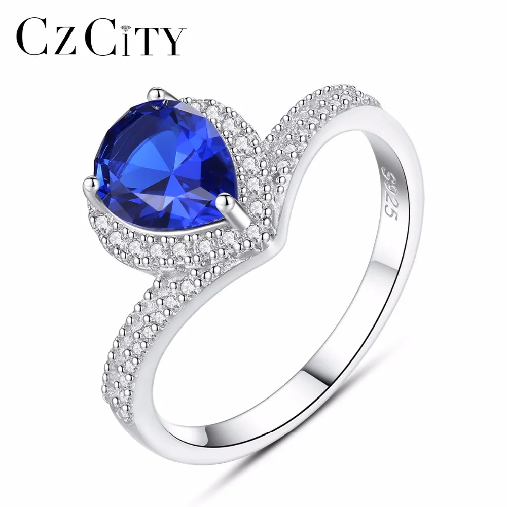 CZCITY Роскошные слеза Форма синий сапфир драгоценный камень кольцо 925