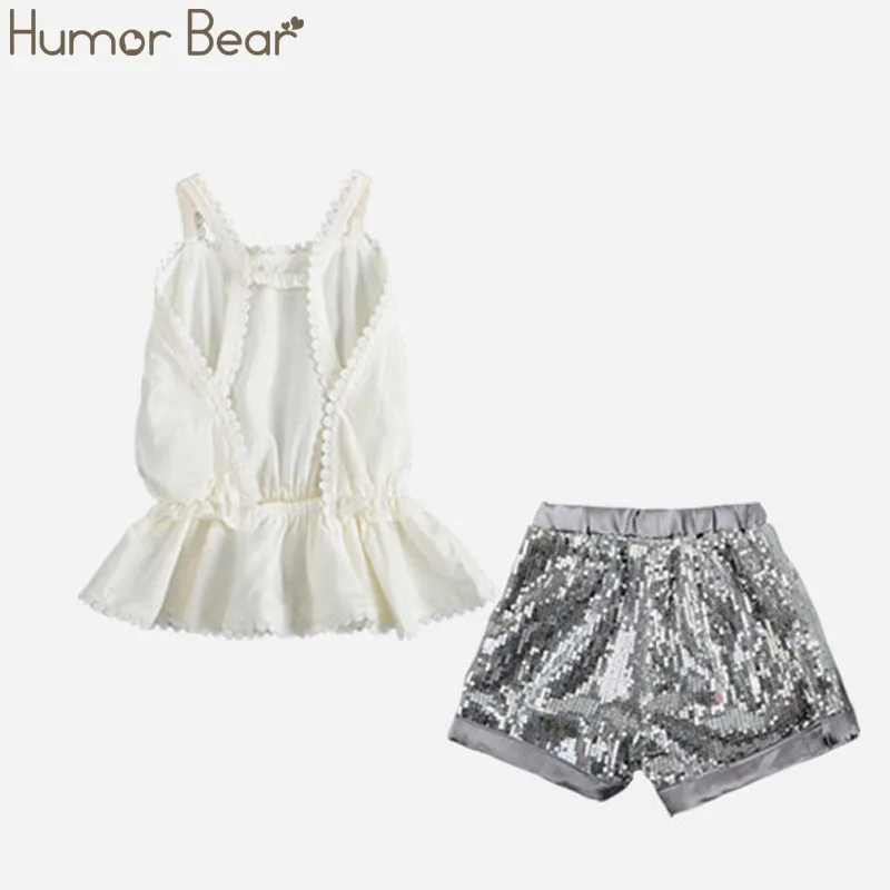 Humor Bear/Новая летняя одежда для детей модная одежда для девочек кружевные Белые блузы+ красный 7 Minutes Of Pants/Костюмы комплект Детские комплекты одежды - Цвет: Silver