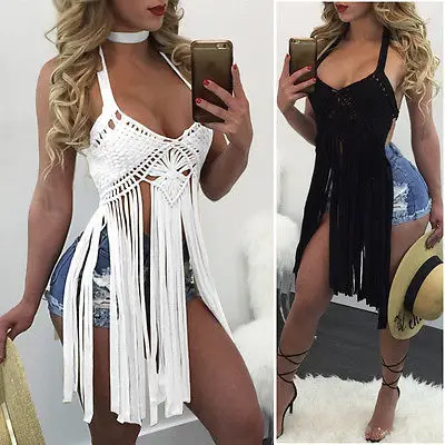 2017 Hot Women Sexy Crochet Knit Swimsuits Cover Ups Tassel Bralette Bra Beach Bikini Halter Backless | Женская одежда