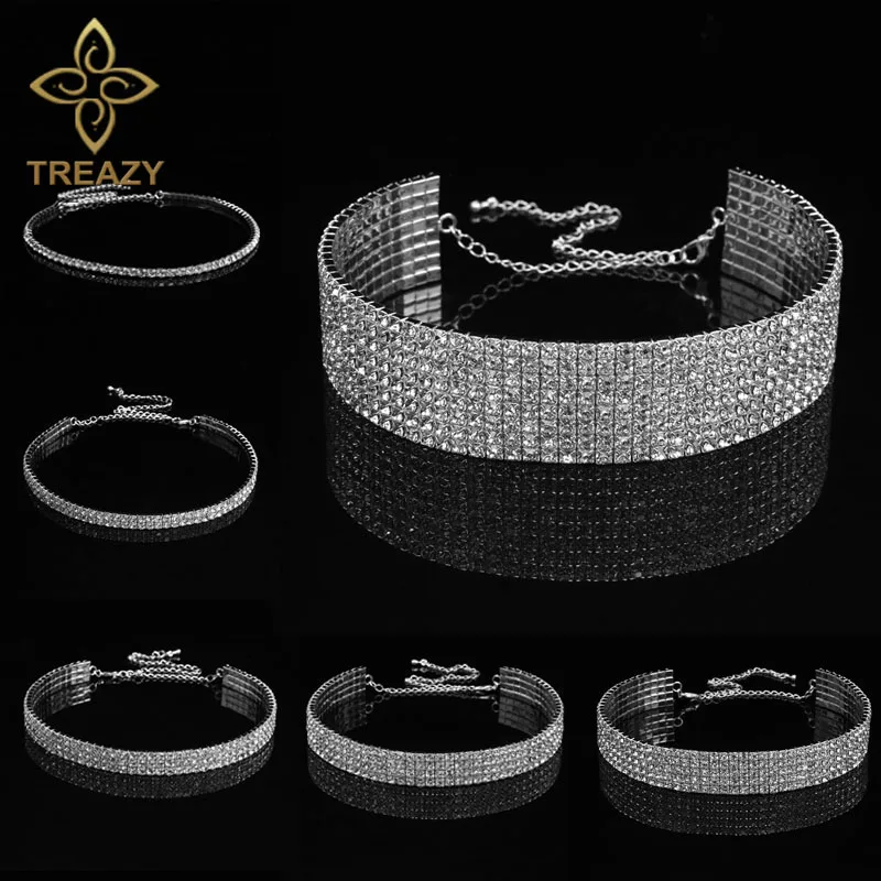 

TREAZY Bridal Wedding Prom 1-5 Row Rhinestone Choker Chain Necklace for Women Diamante Crystal Choker Necklace Elastic Cord