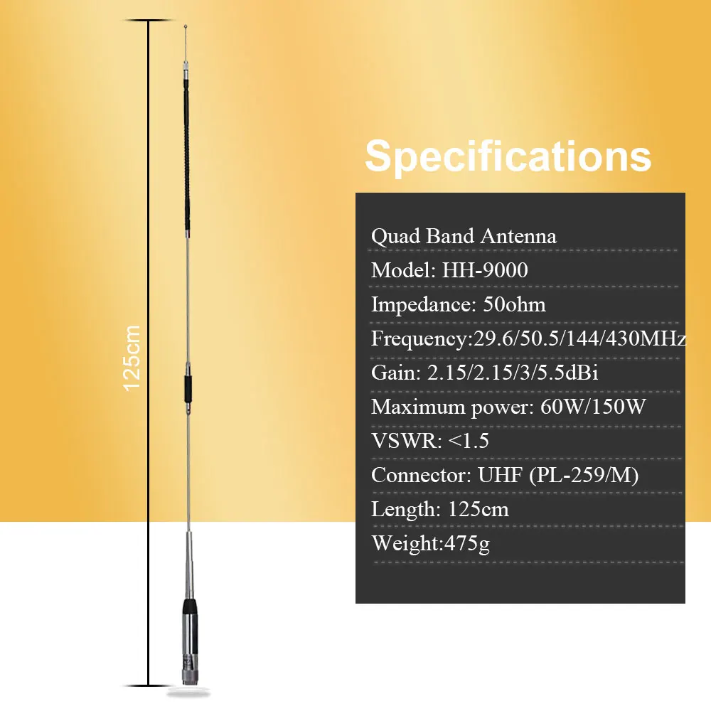 Quad Band HH 9000 Мобильная радиоантенна HH9000 29 6/50 5/144/430 МГц для автомобиля радио TYT TH 9800 QYT