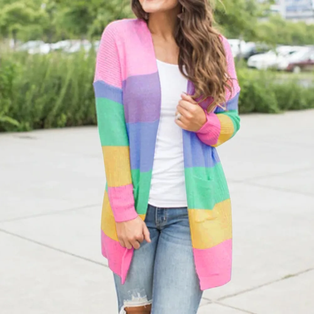 Knit Cardigan Women Plus Size Womens Patchwork Long Sleeve Rainbow Stripe Tops Sweater Coat 2019 Robe Femme Hiver |