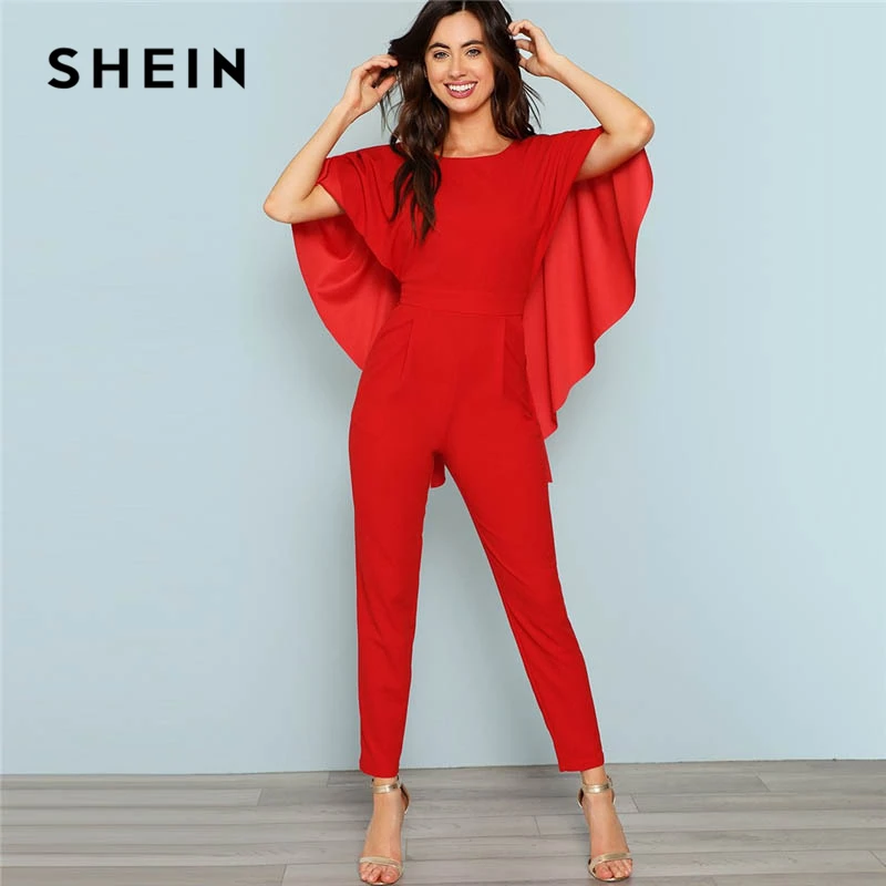 SHEIN красный комбинезон с открытой спиной и открытыми плечами, элегантный эластичный комбинезон с накидкой на рукавах, Женский Осенний комбинезон Highstreet