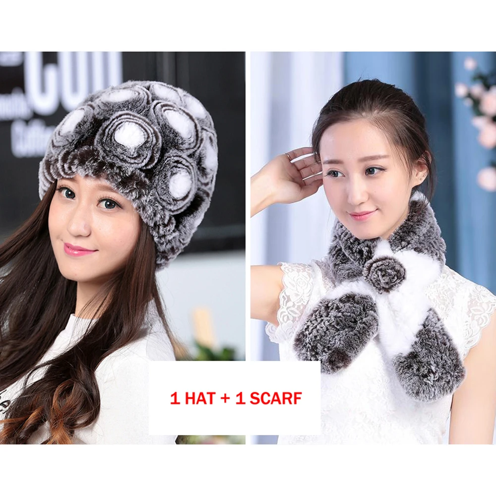 Комплект из 2 предметов натуральной Настоящий мех кролика шарф и шапка меха рекс