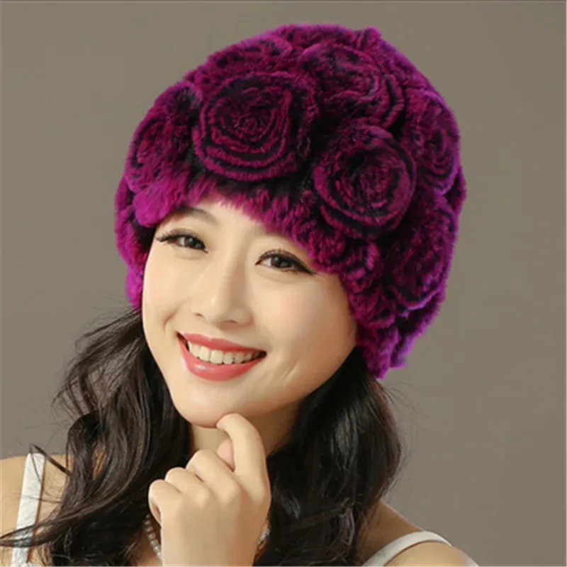 Шапка из меха кролика рекс пятилетняя утепленная вязаная зимняя купольная шапка