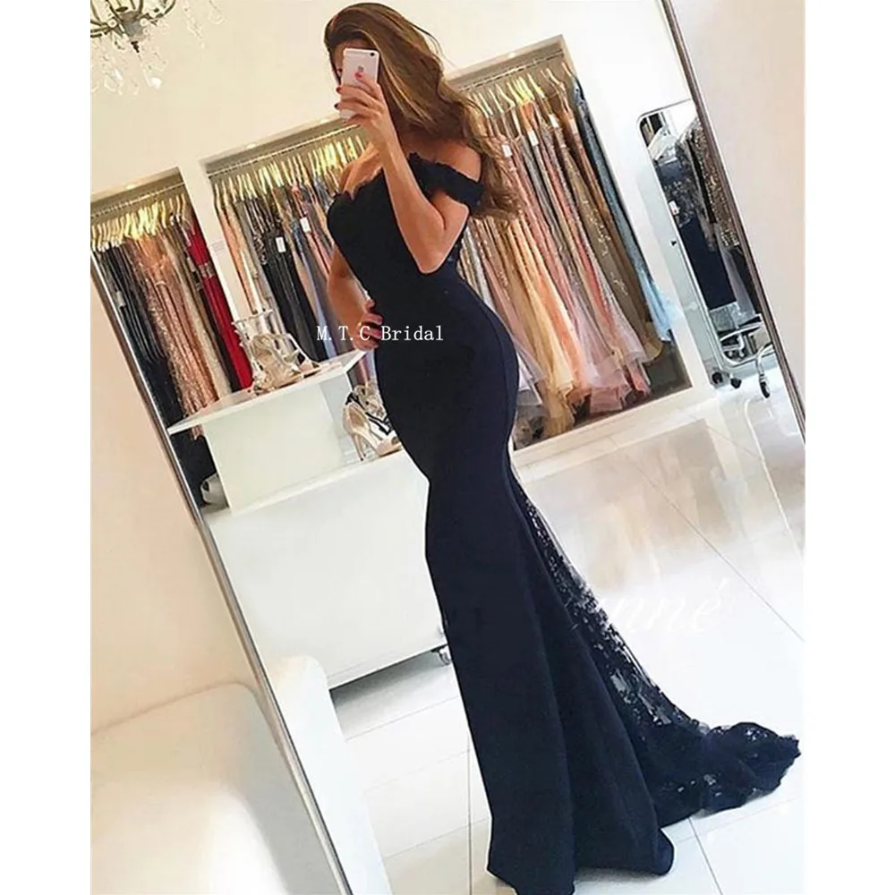 

High Quality Long Black Mermaid Prom Dresses Off The Shoulder Sweep Train Lace Evening Gowns 2019 Cheap Wedding Party Dress