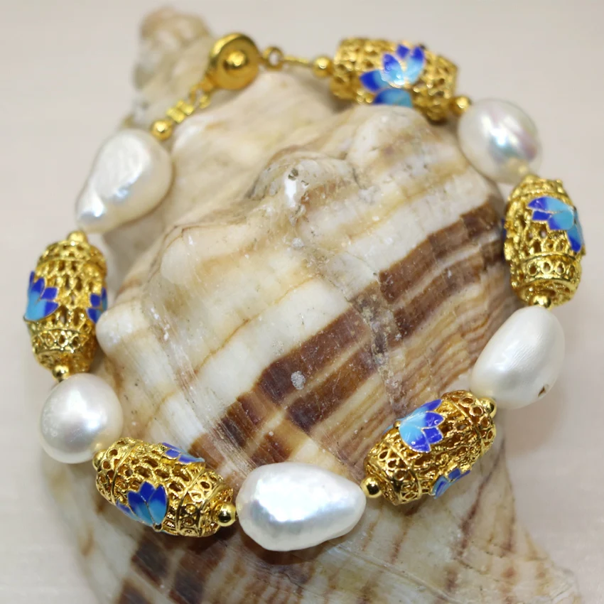 Натуральный белый 12 14 мм Жемчуг нерегулярные Strand браслеты для женщин золотой