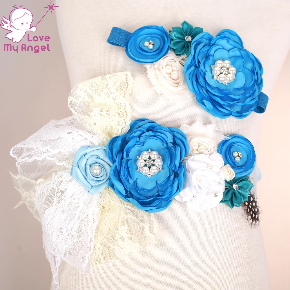 Пояс с цветком для маленьких девочек голубой белый сатиновый перьевой кружевной