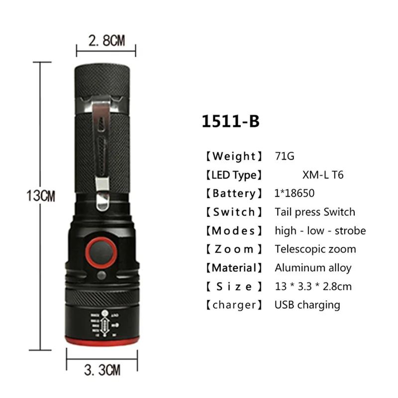 Фонафонарь POCKETMAN светодиодный 3 режима 18650 дюйма с USB кабелем|Фонарики и