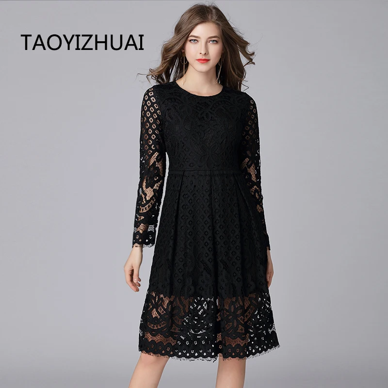 Женское кружевное платье TAOYIZHUAI черное Повседневное большого размера с длинным