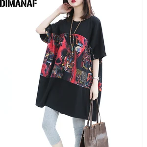 Женская хлопковая Футболка DIMANAF, Повседневная Свободная футболка с круглым вырезом, рукавами летучая мышь и принтом в стиле пэчворк, на лето