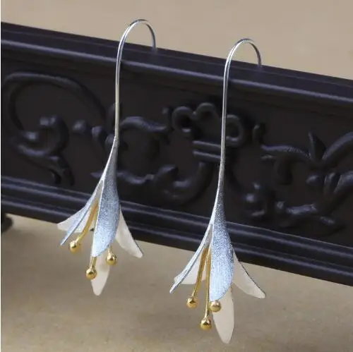 New 1 pair 925 Sterling Silver Long Flower Earrings For Women Design Lovely Girl Gift Statement Jewelry | Украшения и аксессуары