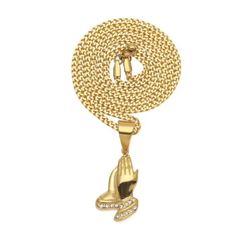 Сай &amp см молитва подвески в форме рук ожерелье Золото Нержавеющая сталь ледяной