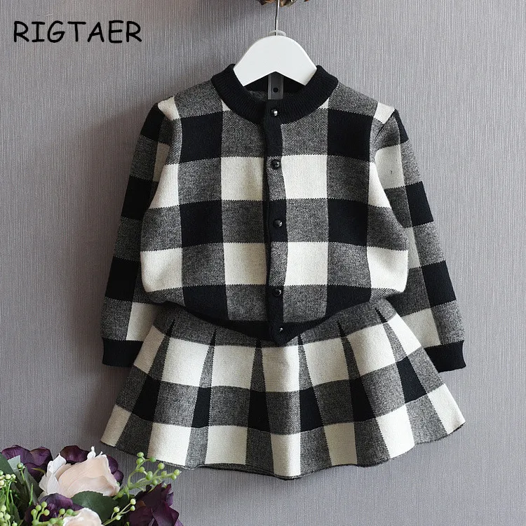 baby girl clothing sets 2017 autumn and winter new Korean girls lattice jacket + short skirt suit two clothes | Детская одежда и