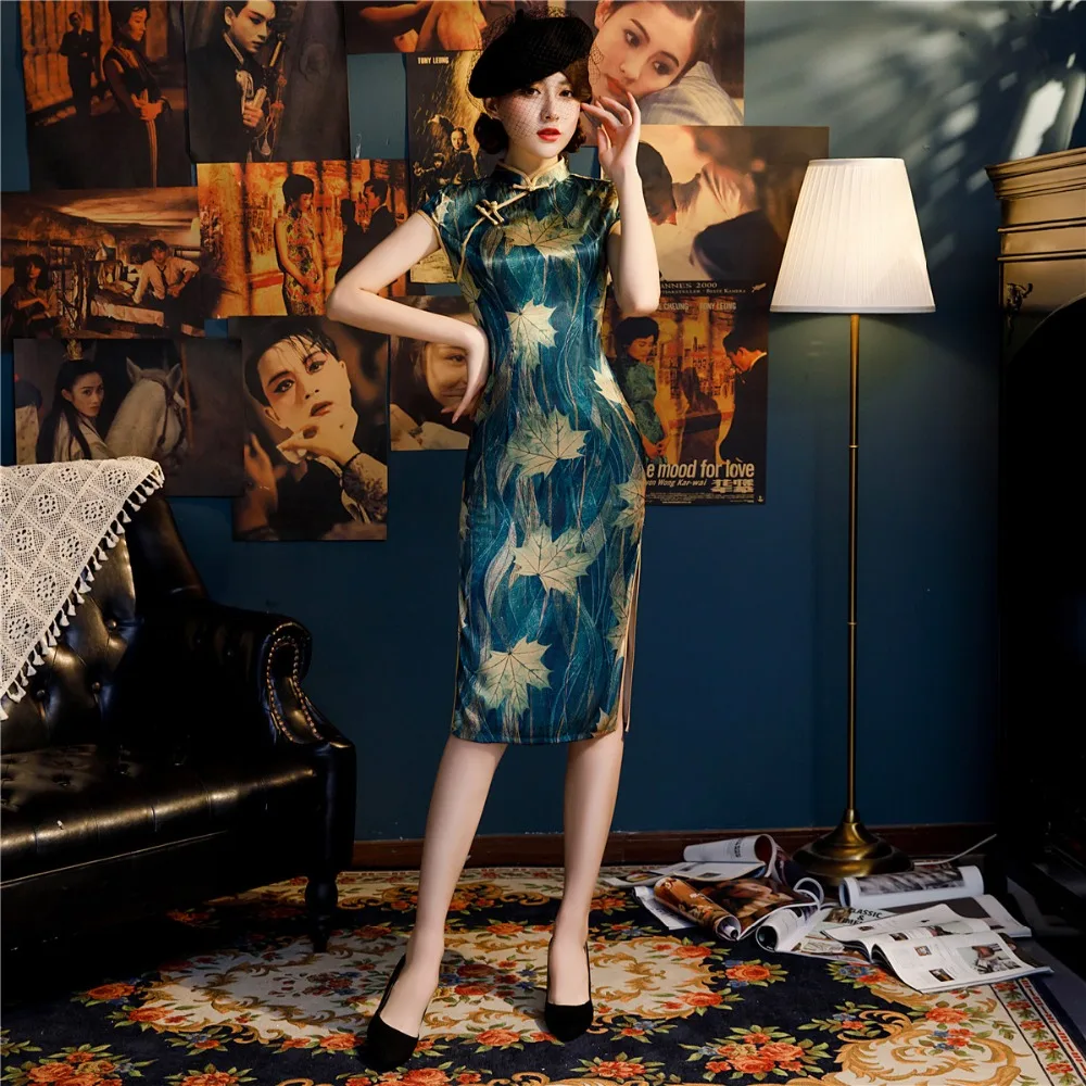 Шанхай история китайский стиль Платье До Колена Cheongsam цветочный Qipao восточное платье с коротким рукавом Вечерние платья для женщин