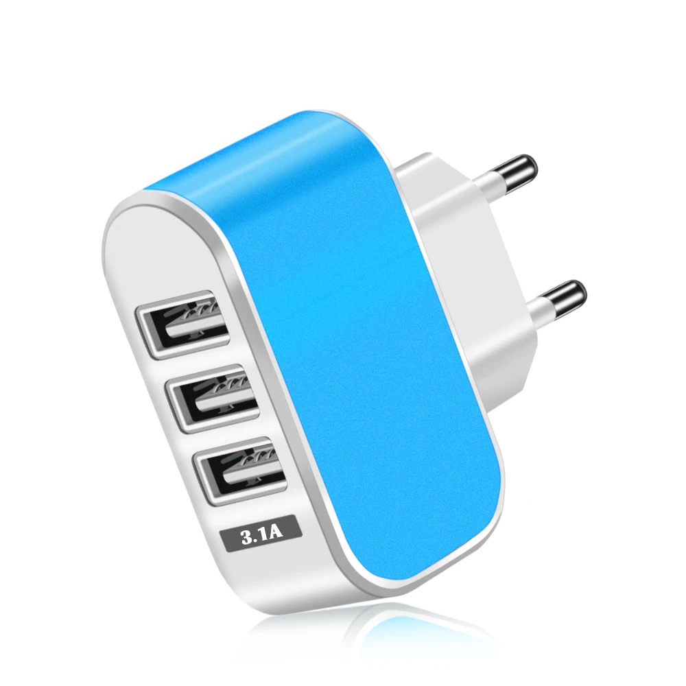 Зарядное устройство Hussain с 3 портами USB, 5 В, 2 А, настенный USB адаптер питания, штепсельная вилка европейского стандарта, зарядное устройство для iPhone 8, 7, Xiaomi Mi, 8, samsung, huawei, зарядное устройство для телефона - Тип штекера: EU Blue