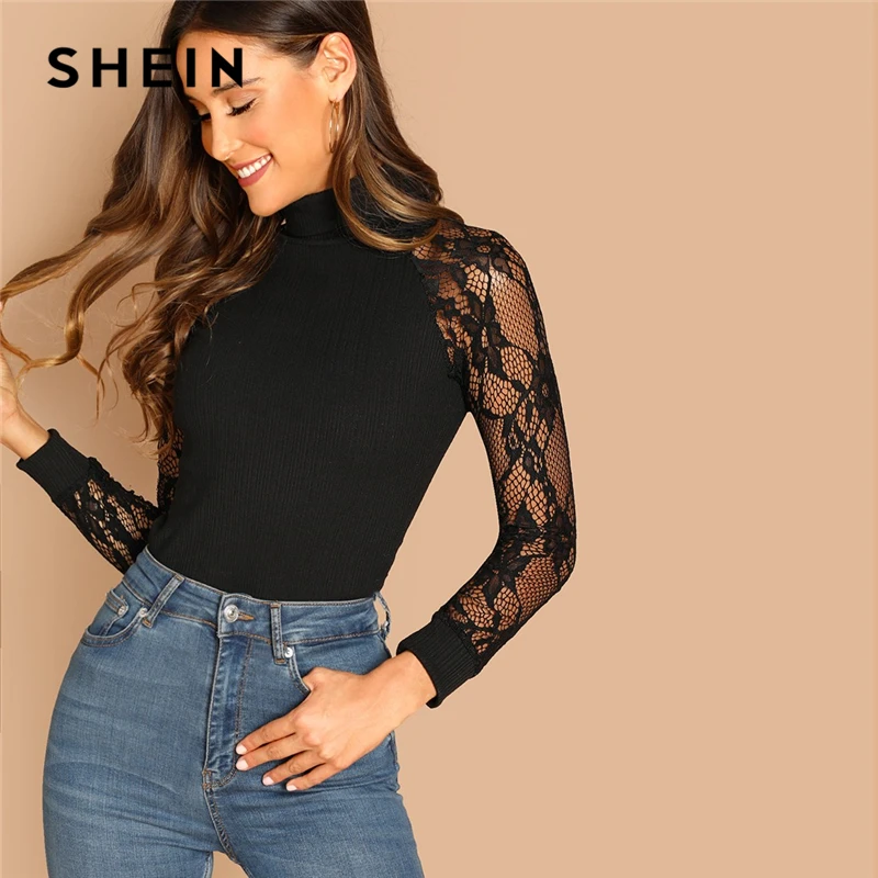 SHEIN, черный, Highstreet, элегантный, контрастный, кружевной, тонкий, облегающий, Одноцветный, в рубчик, вязанный, отвесный, пуловер, футболка, осенняя, женская, повседневная, женская футболка, Топ