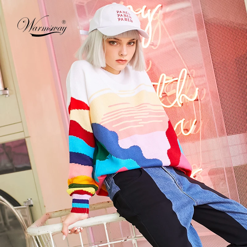 Women New vintage warm sweaters Rainbow Striped pullovers winter Spring knitted retro loose tops blusas C-078 | Женская одежда