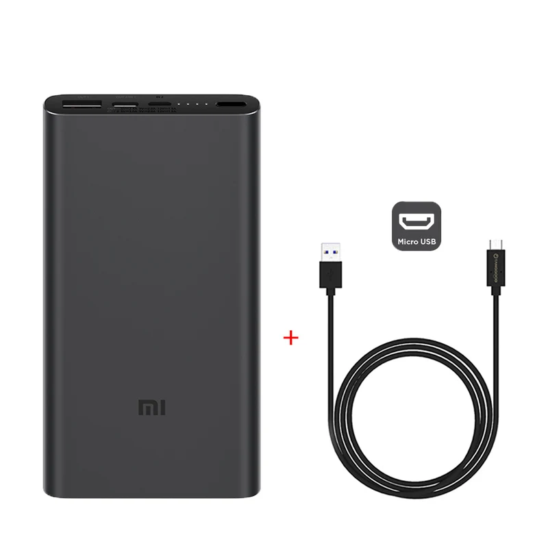 Add micro USB Cable Xiao mi power Bank 3 10000 мАч PLM12ZM usb type C QC3.0 Быстрая зарядка mi power bank 10000 портативное зарядное устройство повербанк - Цвет: Add micro USB Cable
