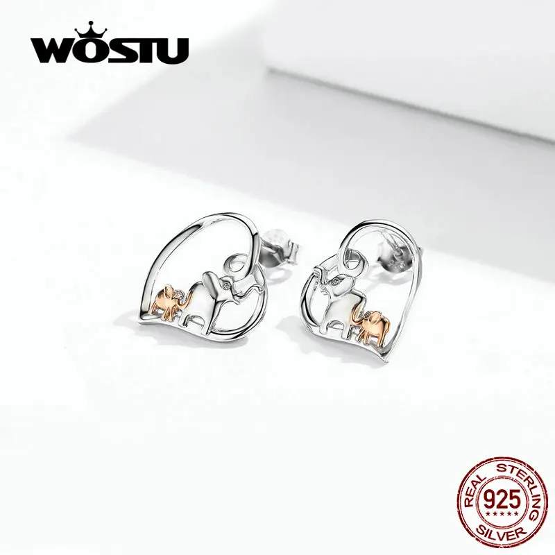 WOSTU/семейные серьги-гвоздики в виде слона с сердцем 100% Стерлинговое Серебро