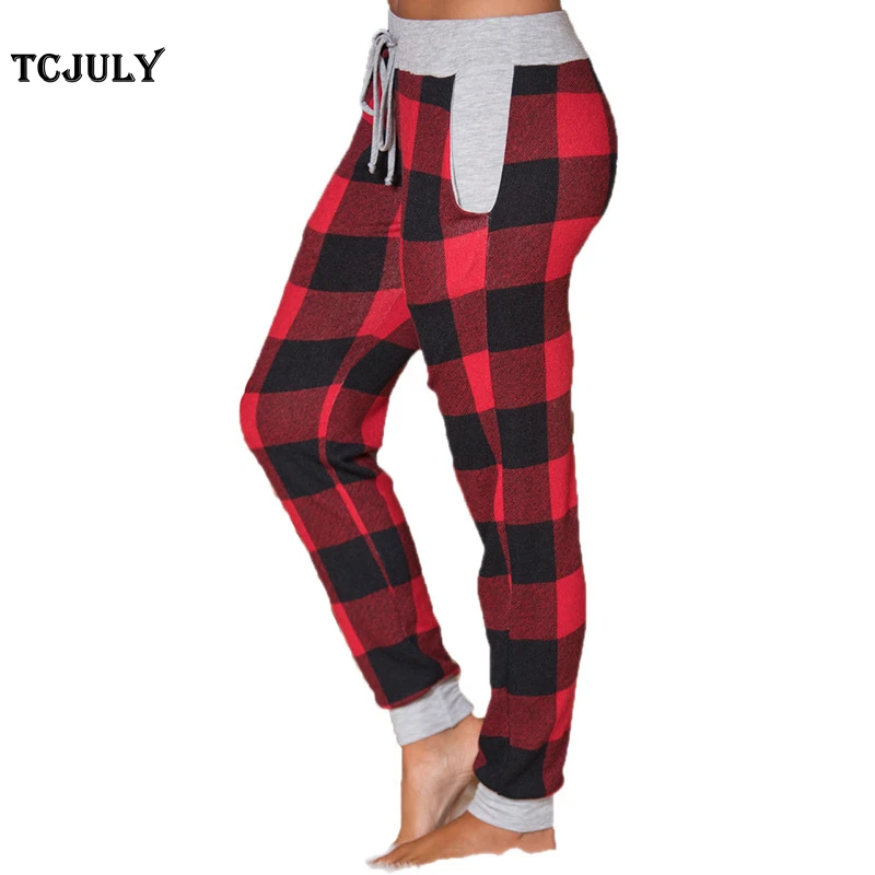 TCJULY Модные клетчатые брюки с завязками для женщин высокая талия обтягивающие