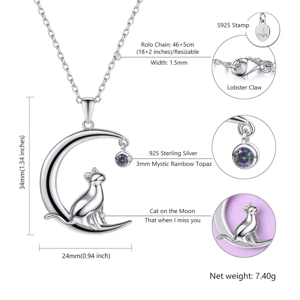 

Kpop 925 Sterling Silver Moon Cat Necklaces Love Gifts Girlfriend Rainbow Stone Kitty Cat Necklace Jewelry for Women P6006