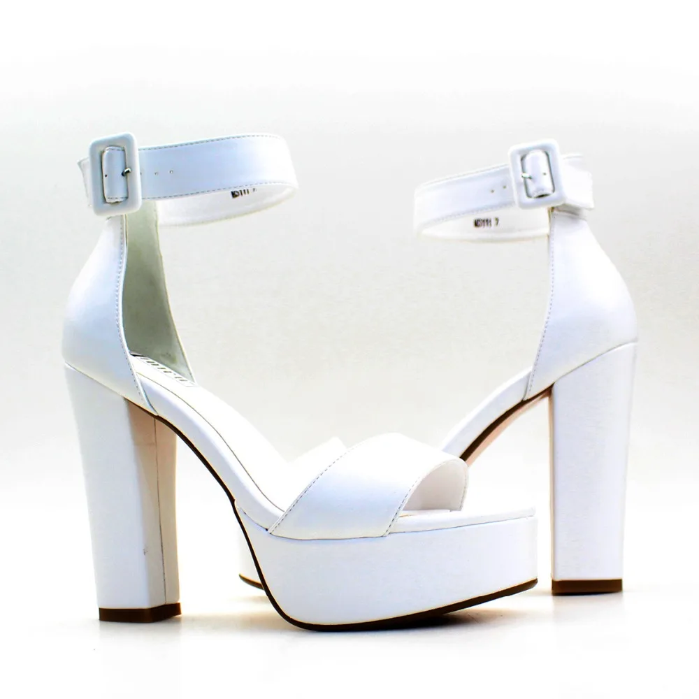 

High Heel Platform Glitter PU Sandals Block Heel Ankle Buckle Aiyoway Women Ladies Peep ToeSummer Party Dress Shoes White