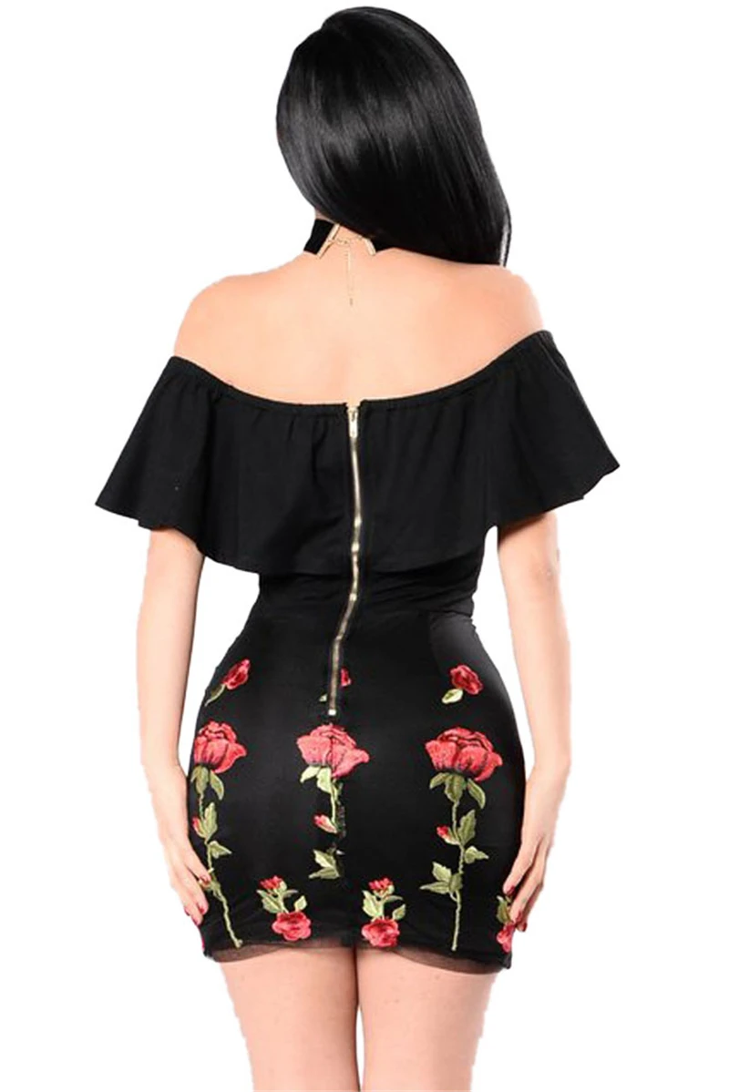 Adogirl Floral Embroidery Bodycon Mini Dress Women Off Shoulder Ruffle Bandage Short Club Party Dresses Clearance Sale Outfits | Женская