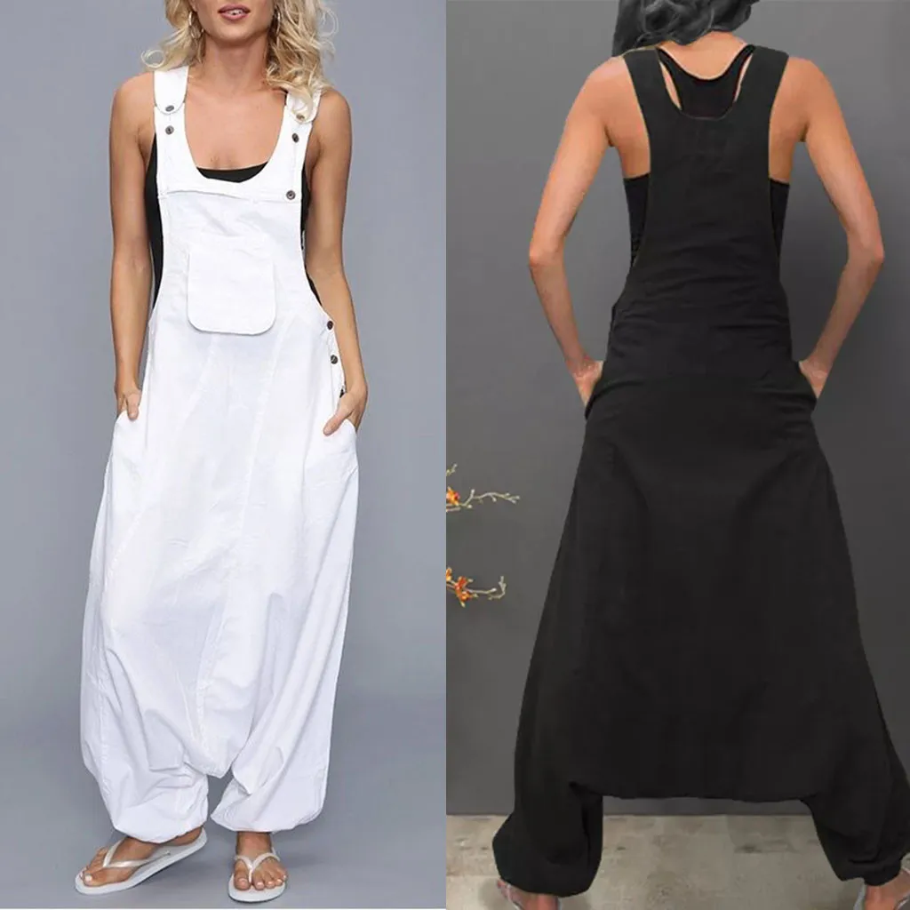 Women loose Backless Jumpsuit Casual U Neck Sleeveless Side Pockets Long Playsuit Plus Size 5xl Rompers Salopette Femme #js5 | Женская