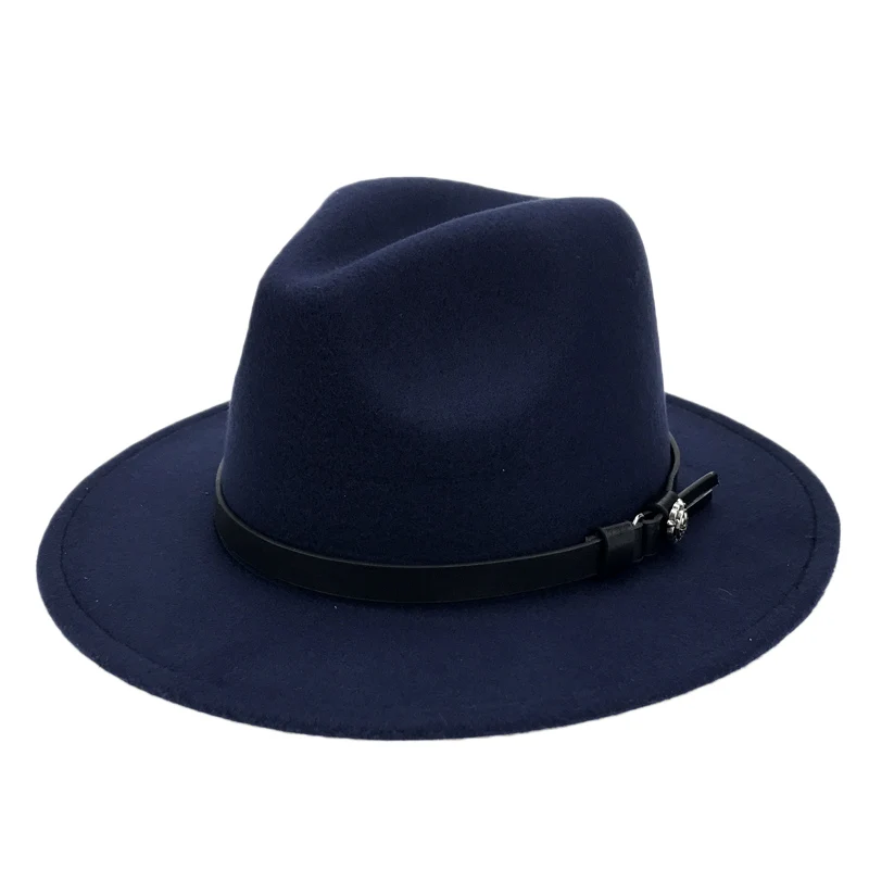 Navy Vintage Fedora Зимние шерстяные Панамы, шляпы для мужчин, одноцветные, с широкими полями, с поясом, войлочные шапки, женские винтажные джазовые шляпы, винтажные шляпы Трилби, церковные YY18007 - Цвет: Navy Vintage Fedora