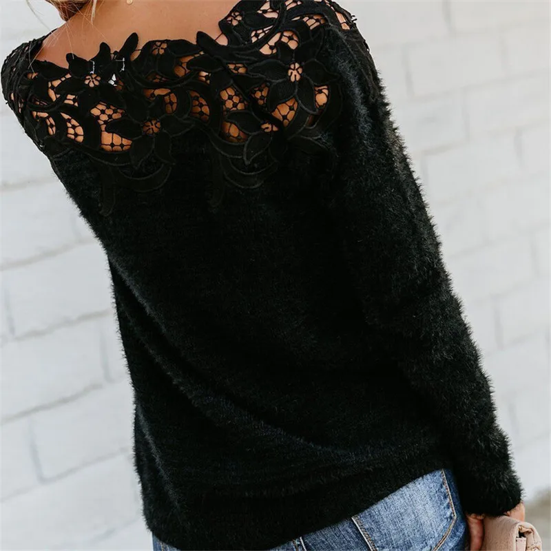 

Ladies Lace Patchwork Sexy Sweater Women Autumn Winter Warm Off-shoulder Sweater Pullover Long Sleeve Knitted Pullover Knitwear
