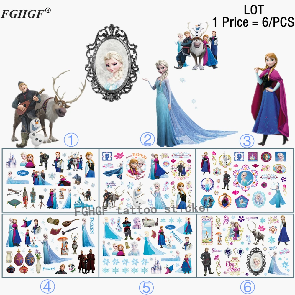 FGHGF 6 шт мультфильм Снежная принцесса ребенок временный боди арт флэш тату стикер