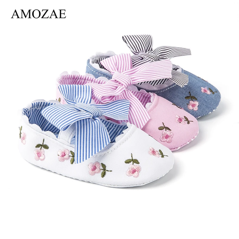 2020 New Baby Girl Shoes Floral Embroidery Spring Autumn Striped With Bow Princess Toddler Soft Soled First Walker |