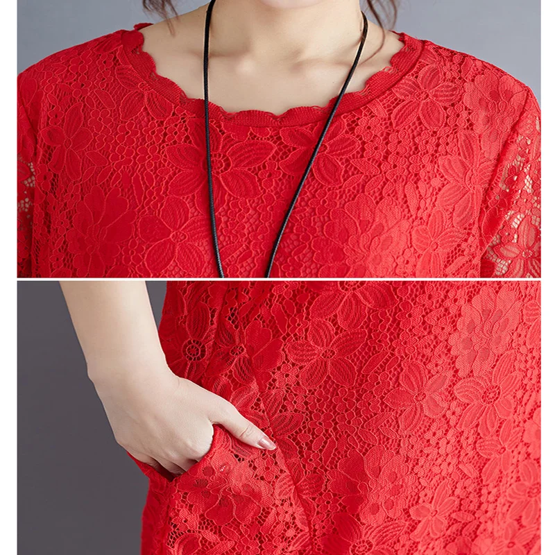 

Lace Half Sleeve Long Dress 2019 New Summer Loose Women Dresses Casual Plus Size O-Neck Solid Color Female Dresses LJ2252