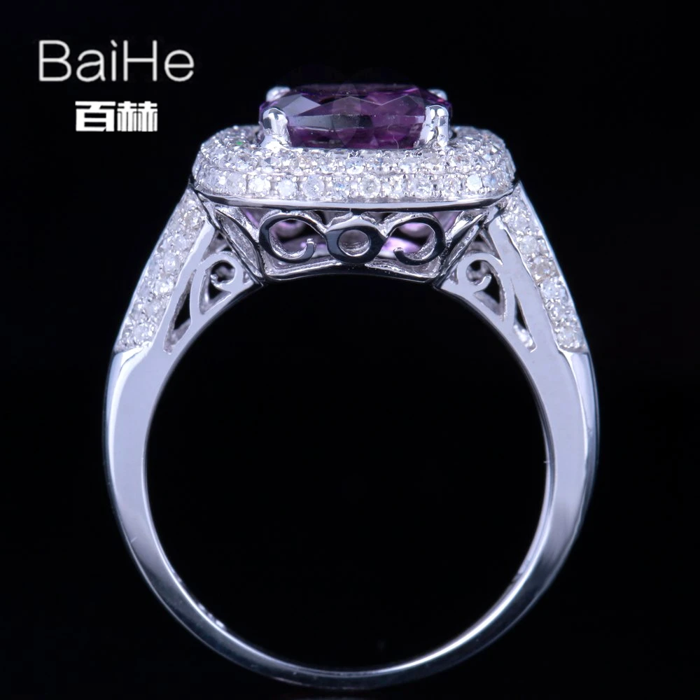 Baihe стерлингового серебра 925 2.3ct сертифицированных Подушки безупречный натуральная Аметист Свадебные Для женщин Винтаж уникальный элегантный кольцо