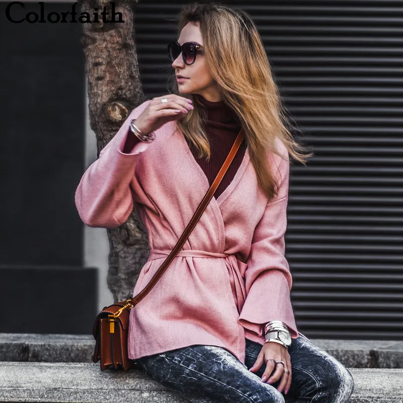 Colorfaith, женский свитер, кардиганы,, вязанный, Осень-зима, на шнуровке, с поясом, свободный, верхняя одежда, элегантный, Повседневный, женский топ, SW8842