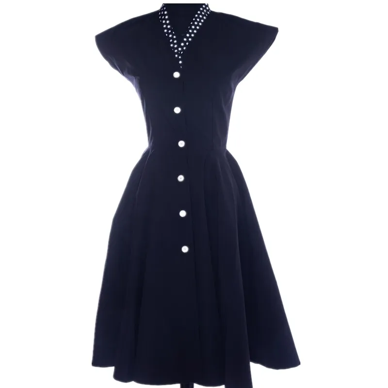 

Le Palais Vintage Elegant Black Summer Dress 50s 60s Retro Big Swing Pin Up Cap Sleeve Dress Button Vestidos Robe Femme