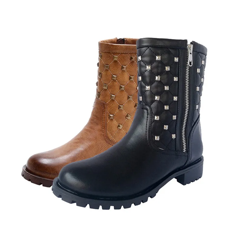 Minute Hand New Fashion Women Rivets Ankle Boots Side Zipper Autumn Winter High Top Round Toe Low Square Heel Casual Shoes | Обувь