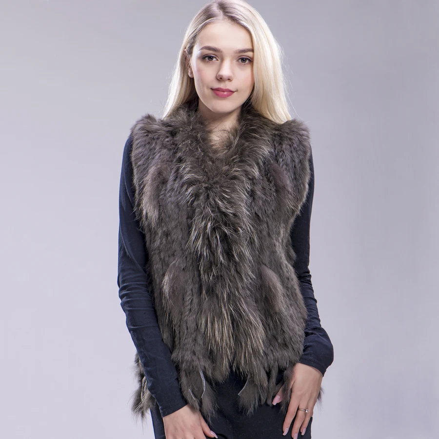 army green ZDFURS* Новая цветная Женская жилетка из натурального кроличьего меха с кисточками и воротником из меха енота,, Прямая поставка - Цвет: army green